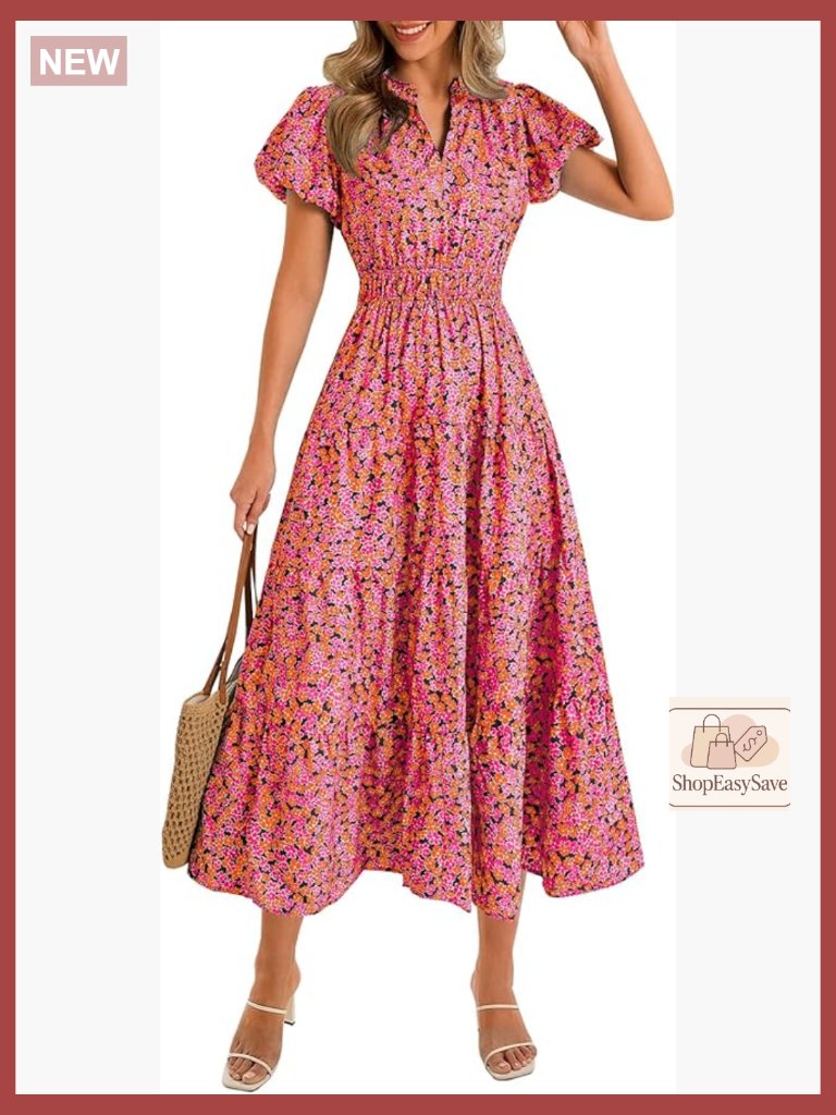 Floral Maxi Dress V Neck Puff Sleeve Smocked Waist Boho Beach Casual With